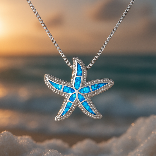 Collier en argent avec étoile de mer lumineuse et opale