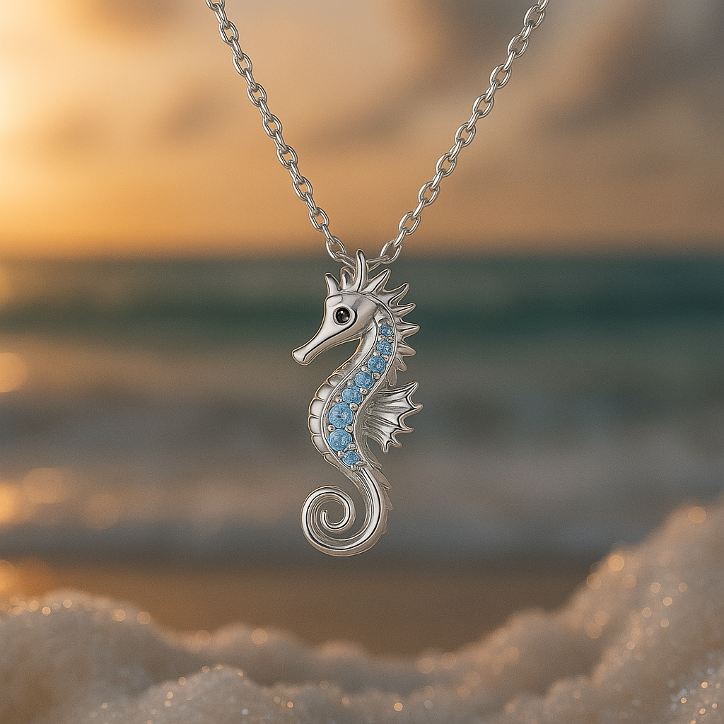 Collier avec hippocampe et opale en or blanc