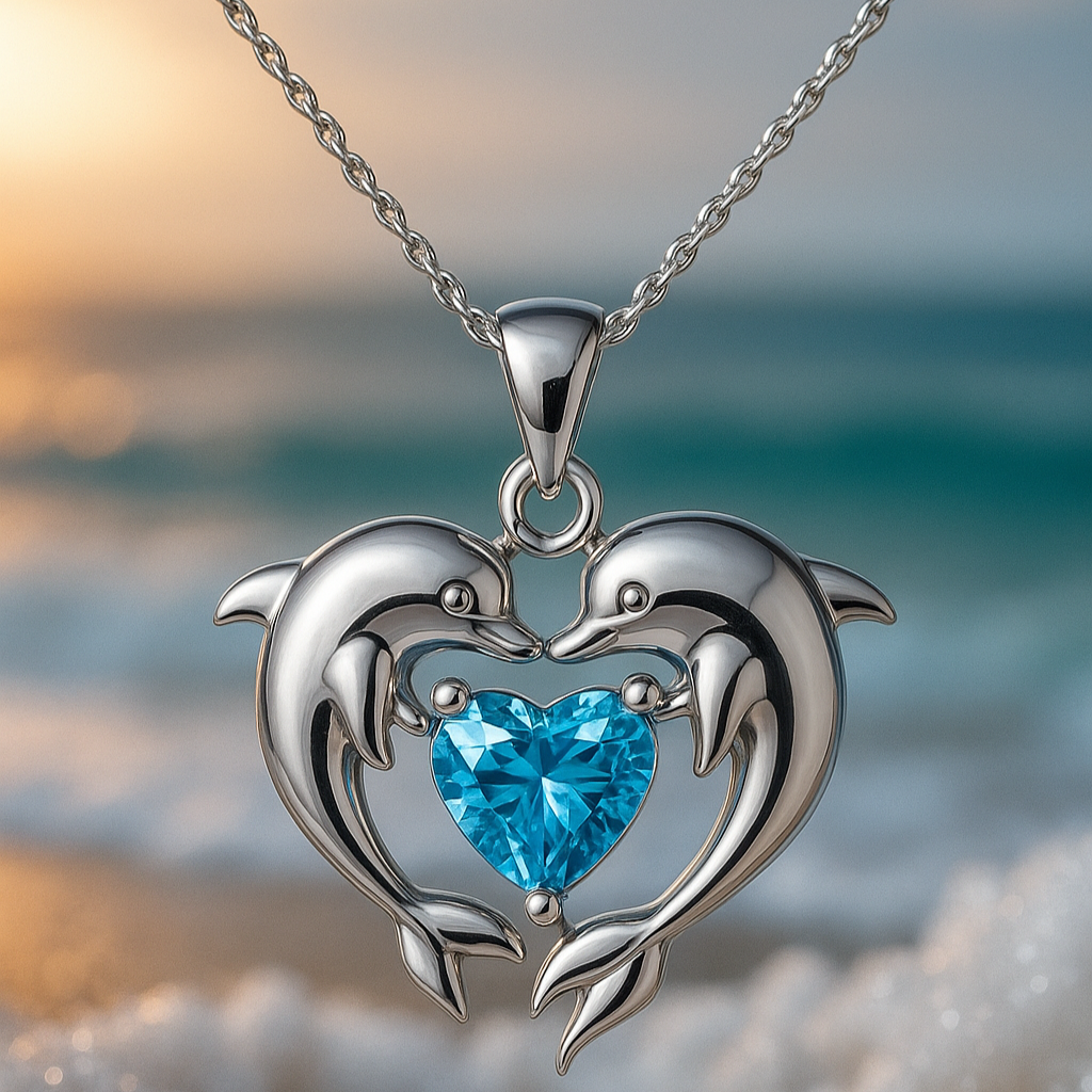 Collier double avec des dauphins de l'amour en or blanc
