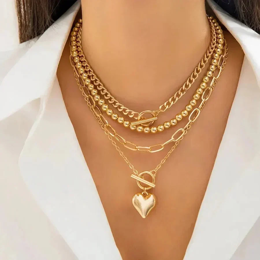 Collier en couches en forme de cœur en or