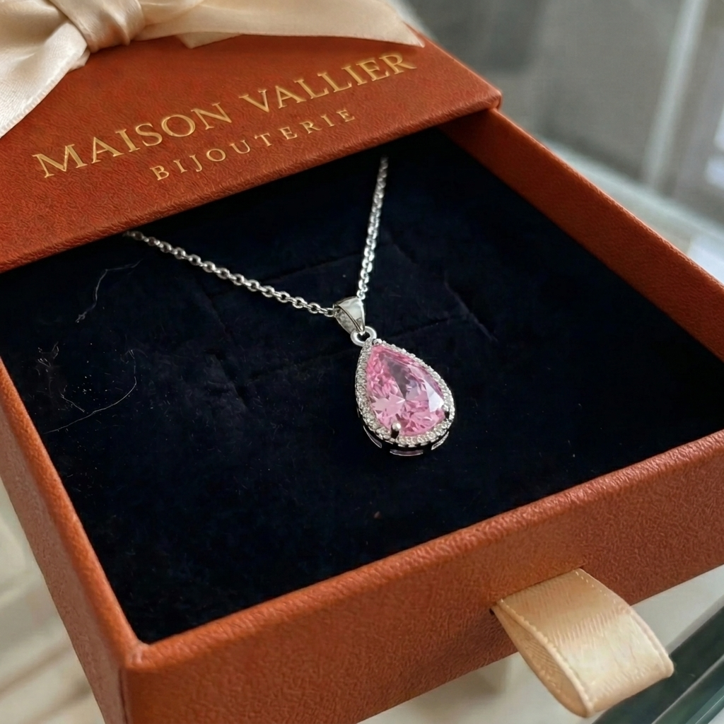 Collier en forme de goutte rose en or blanc