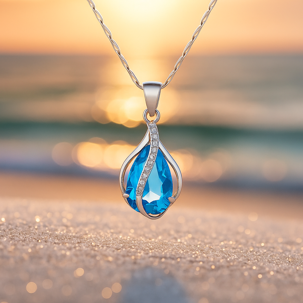 Collier en goutte fait main à brillants bleus en or