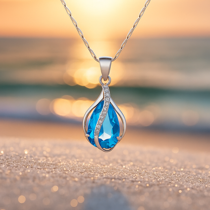 Collier en goutte fait main en zircon bleu