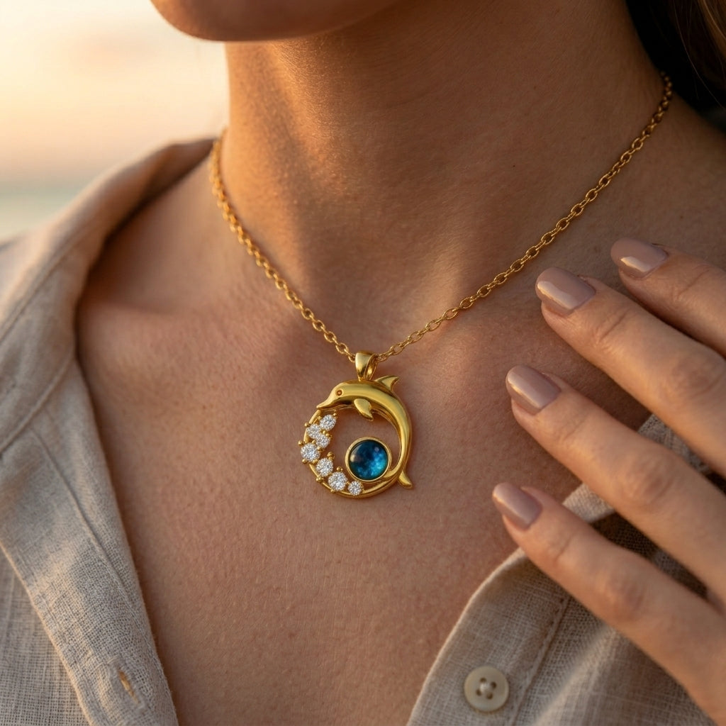 Collier avec dauphin et cristal en or