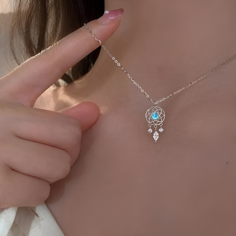 Collier en pierre de lune - Attrape-rêves en or blanc