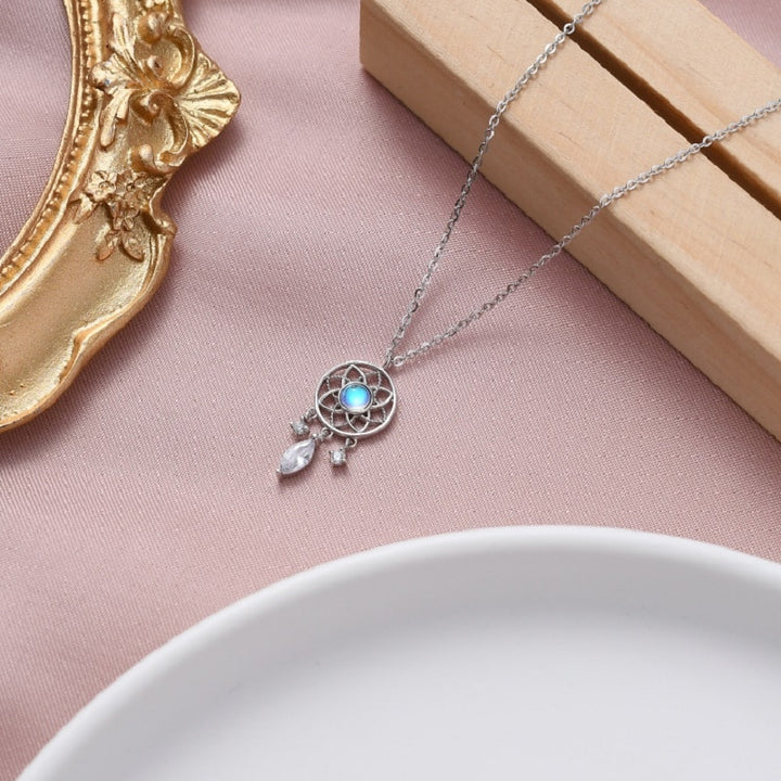 Collier en pierre de lune - Attrape-rêves en or blanc