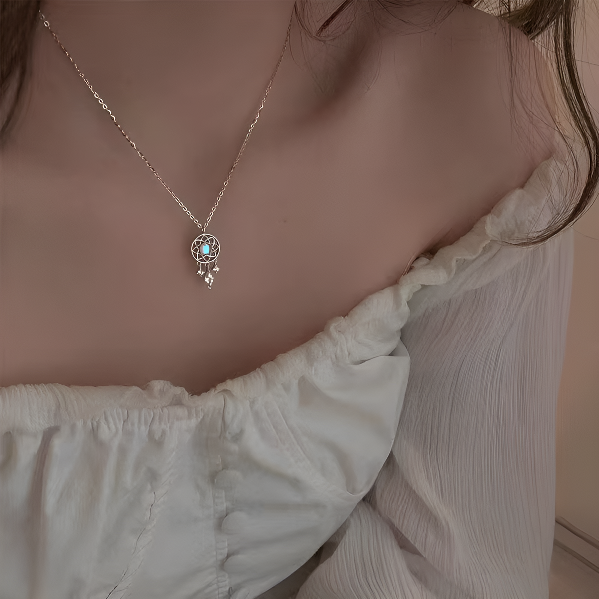 Collier en pierre de lune - Attrape-rêves en or blanc