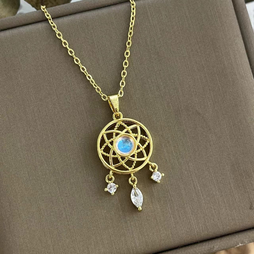 Collier en pierre de lune - Attrape-rêves en or blanc