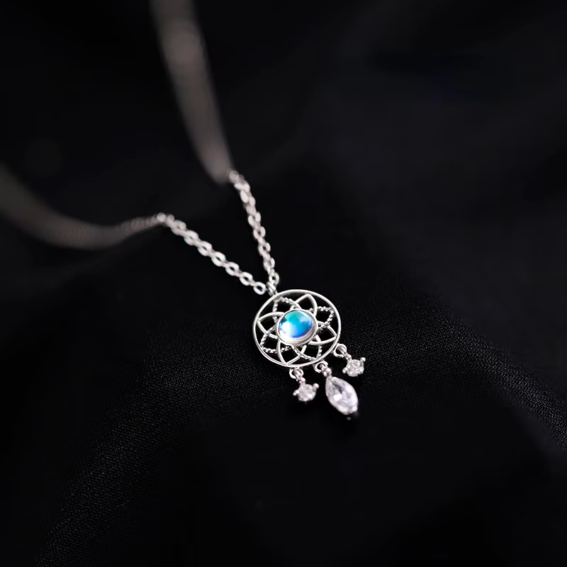 Collier en pierre de lune - Attrape-rêves en or blanc