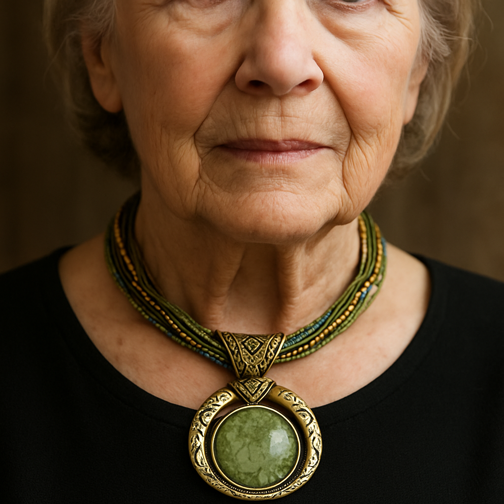 Collier rétro avec pendentif ethnologique en cristal vert en or
