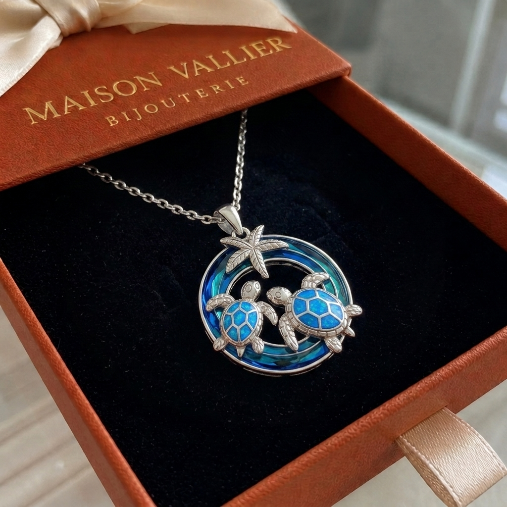 Collier avec tortue, cercle et opale en or