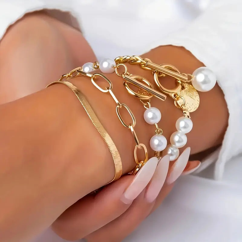 Ensemble de bracelets chic - serpent, perles & maillons en or