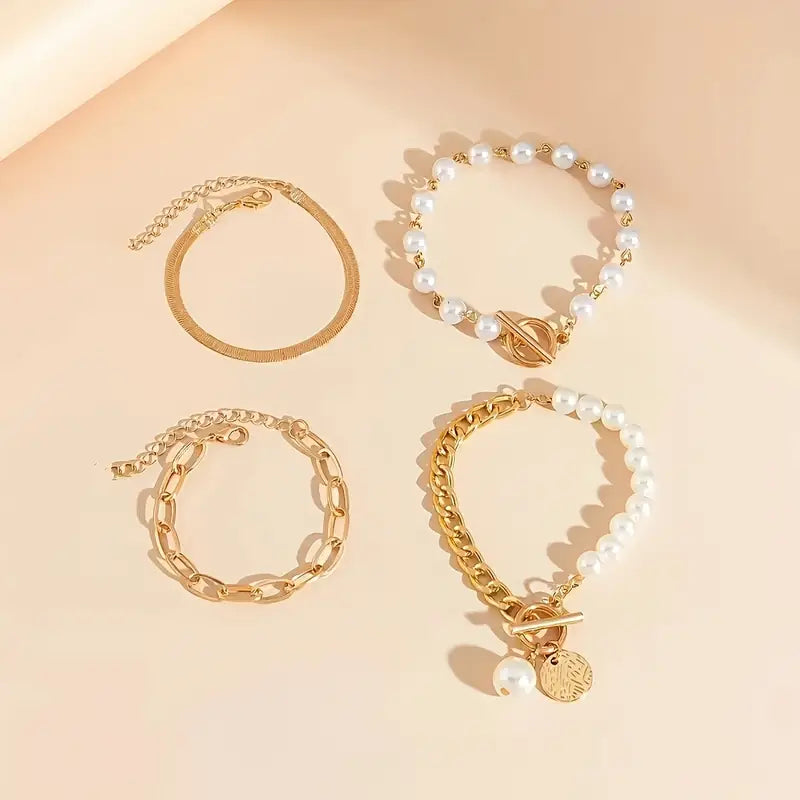 Ensemble de bracelets chic - serpent, perles & maillons en or