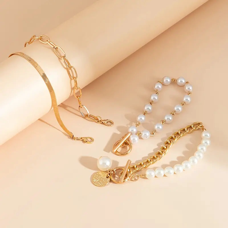 Ensemble de bracelets chic - serpent, perles & maillons en or