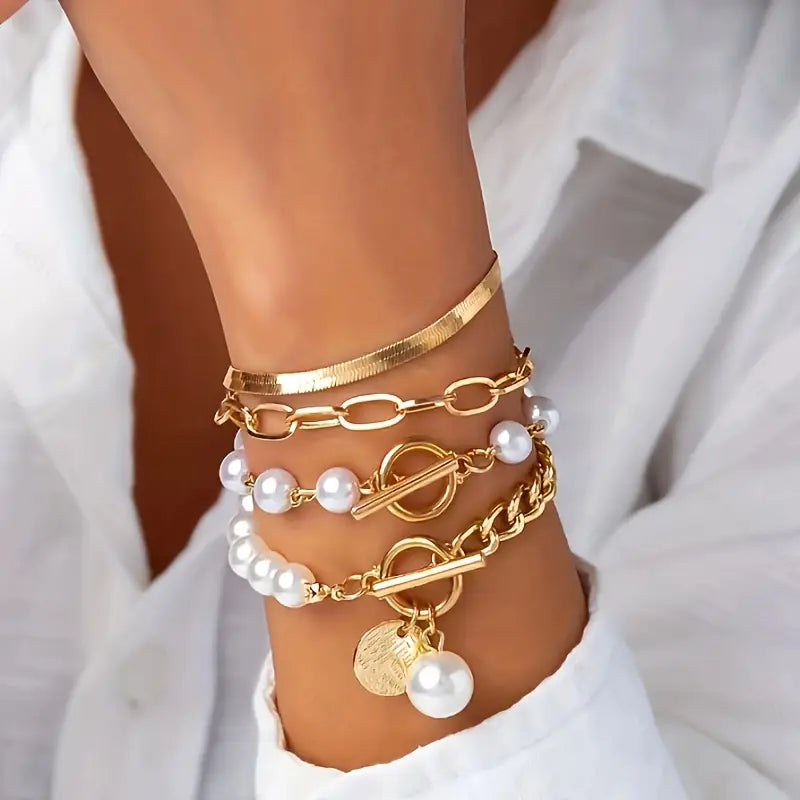Ensemble de bracelets chic - serpent, perles & maillons en or
