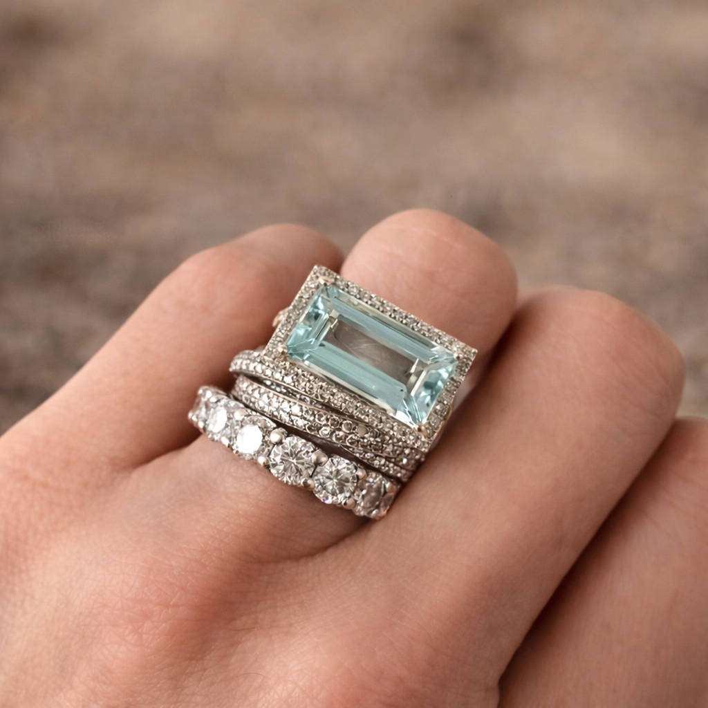 Ensemble de bagues rétro avec pierre en turquoise en or blanc