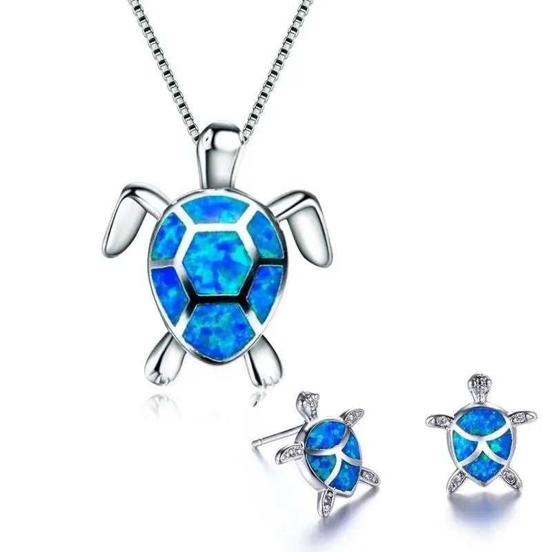 Ensemble de collier et boucles d'oreilles avec tortue de mer en opale en or blanc