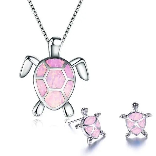 Ensemble de collier et boucles d'oreilles avec tortue de mer en opale en or blanc