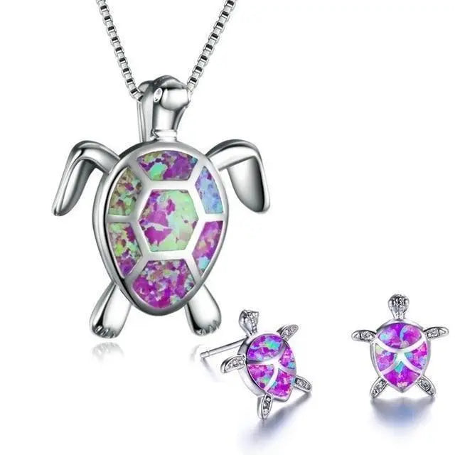 Ensemble de collier et boucles d'oreilles avec tortue de mer en opale en or blanc