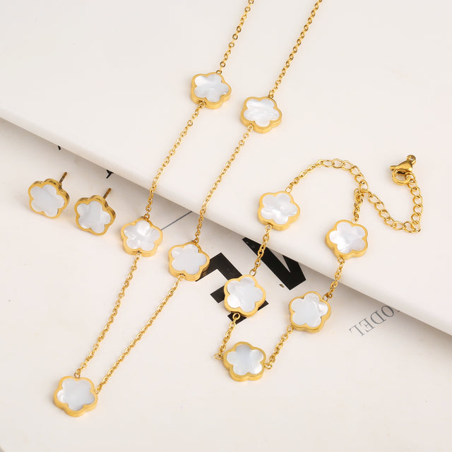 Set Bracelet+Collier+Boucles trèfle en or