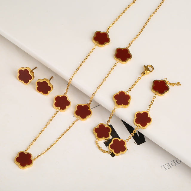 Set Bracelet+Collier+Boucles trèfle en or