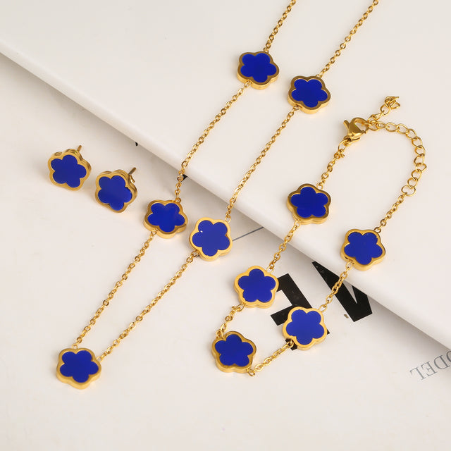 Set Bracelet+Collier+Boucles trèfle en or