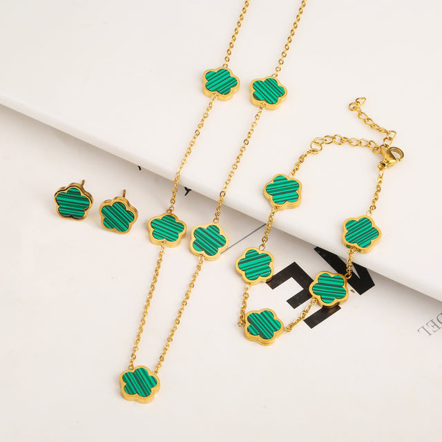 Set Bracelet+Collier+Boucles trèfle en or