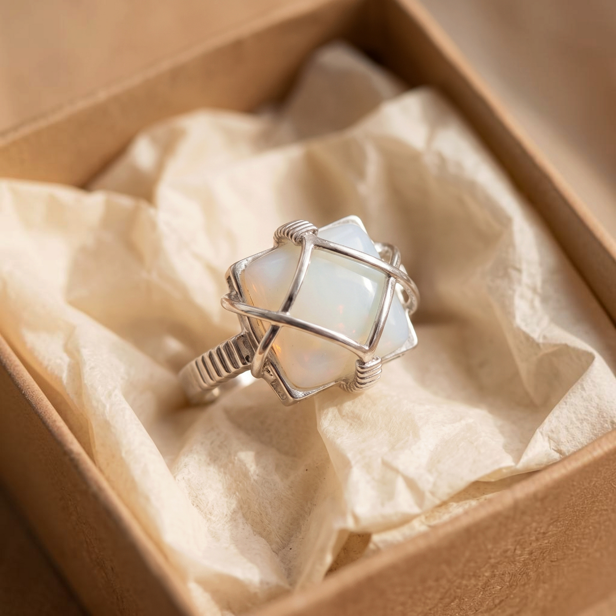 Bague opale blanche sertie de fil | Or blanc