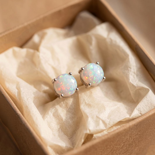 Puces d'oreilles opale blanche | Or blanc