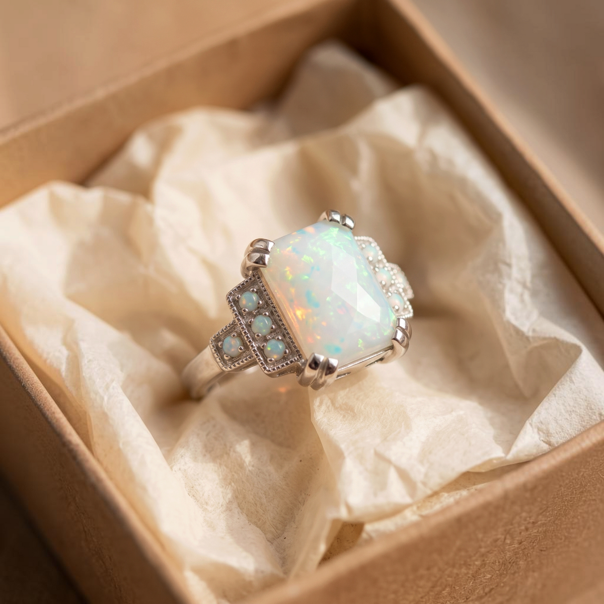 Bague Art déco opale blanche | Or blanc