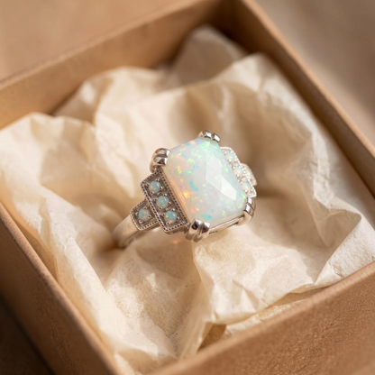 Bague Art déco opale blanche | Or blanc
