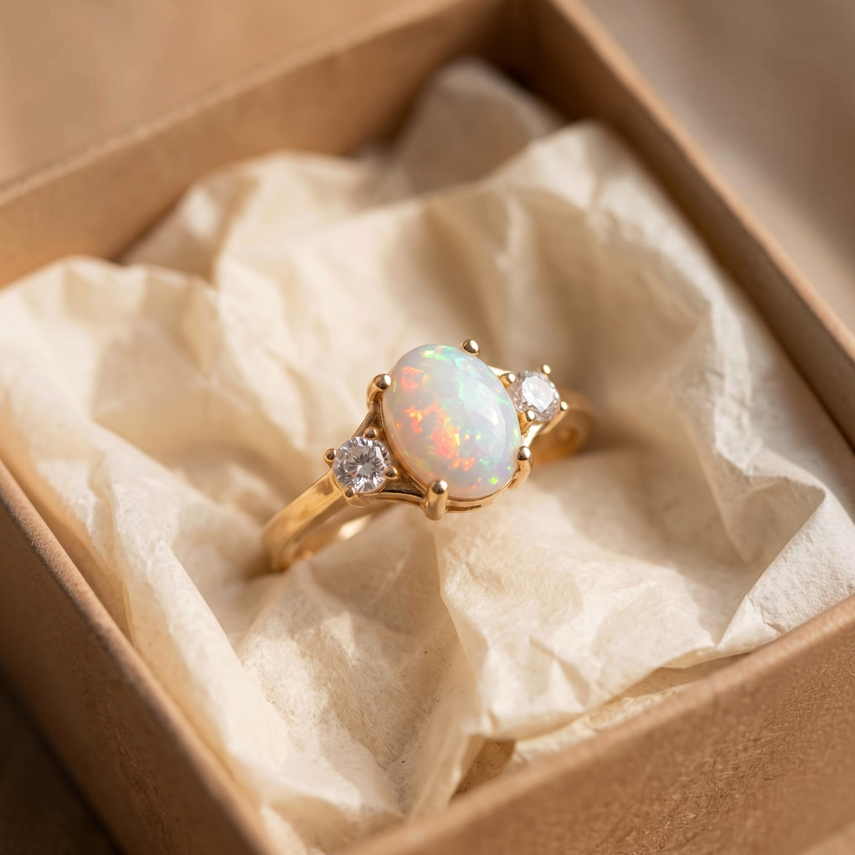 Bague opale blanche et deux brillants | Or