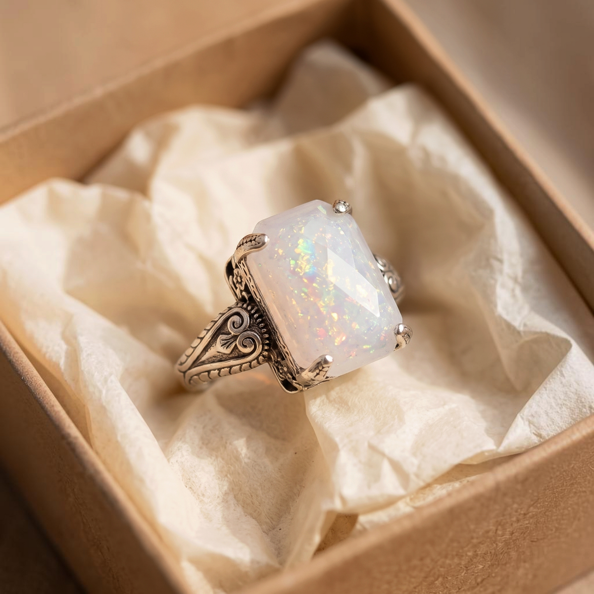 Bague cocktail opale blanche | Or blanc