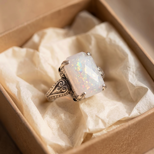Bague cocktail opale blanche | Or blanc