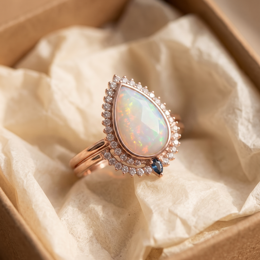 Bague opale blanche en forme de goutte | Or rose