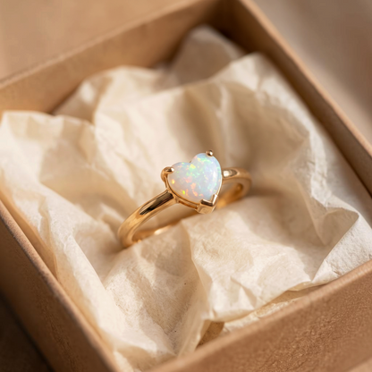 Bague cœur en opale blanche | Or