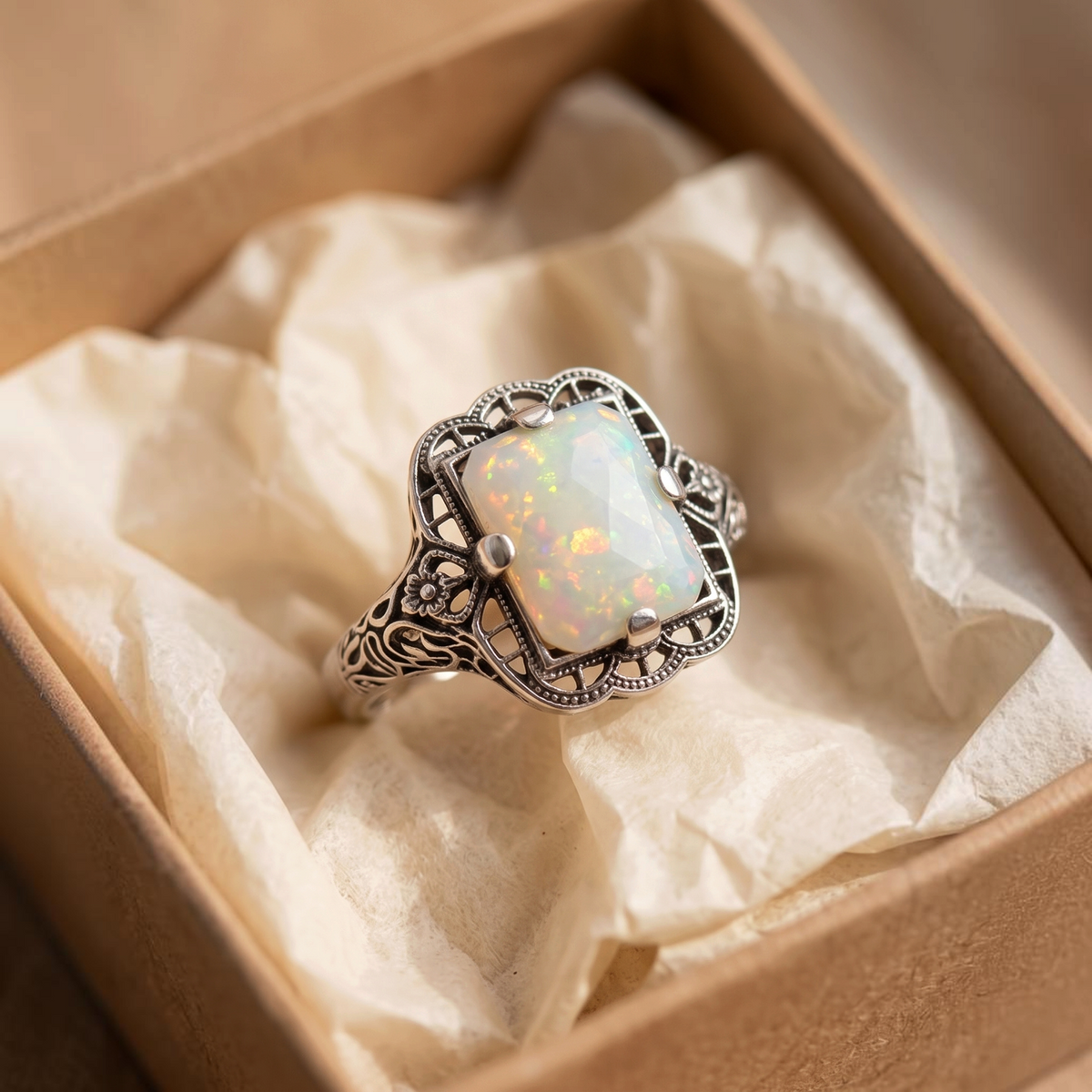 Bague filigrane opale blanche | Or blanc