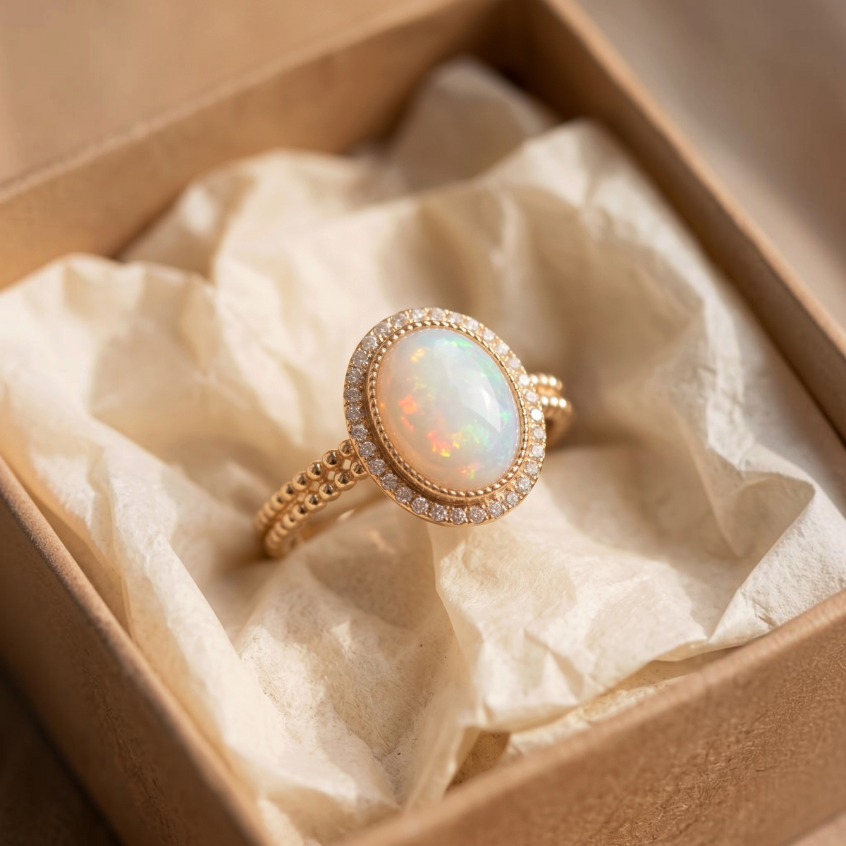 Bague opale blanche entourage de brillants | Or
