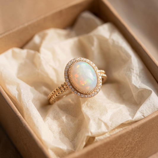 Bague opale blanche entourage de brillants | Or