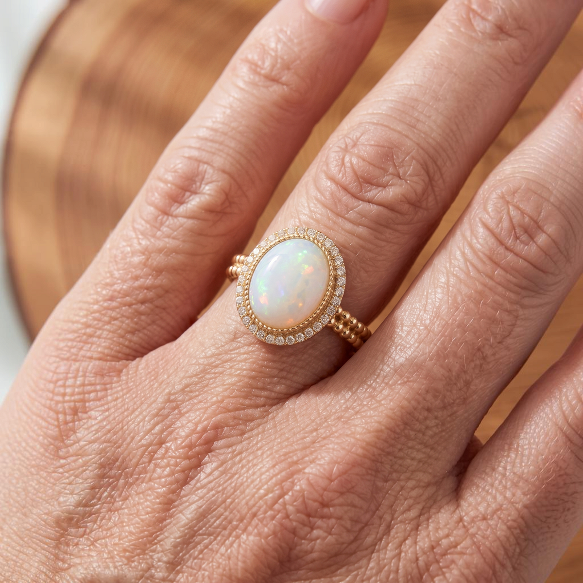 Bague opale blanche entourage de brillants | Or