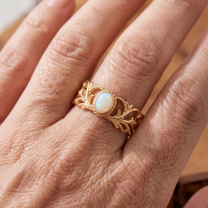 Bague ajustable opale blanche et rinceaux de feuilles | Or