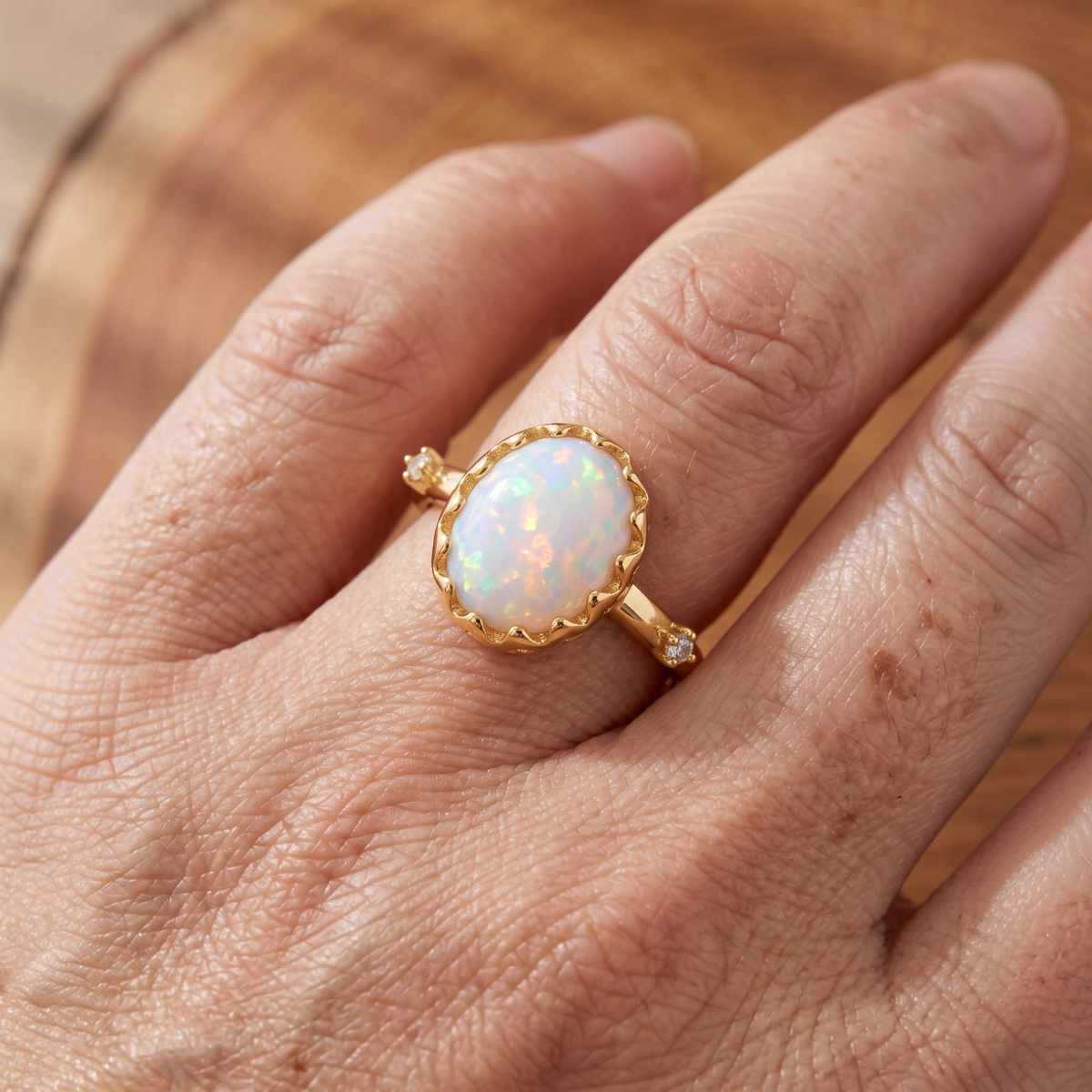 Bague fine ajustable opale blanche | Or