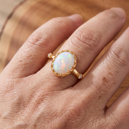 Bague fine ajustable opale blanche | Or